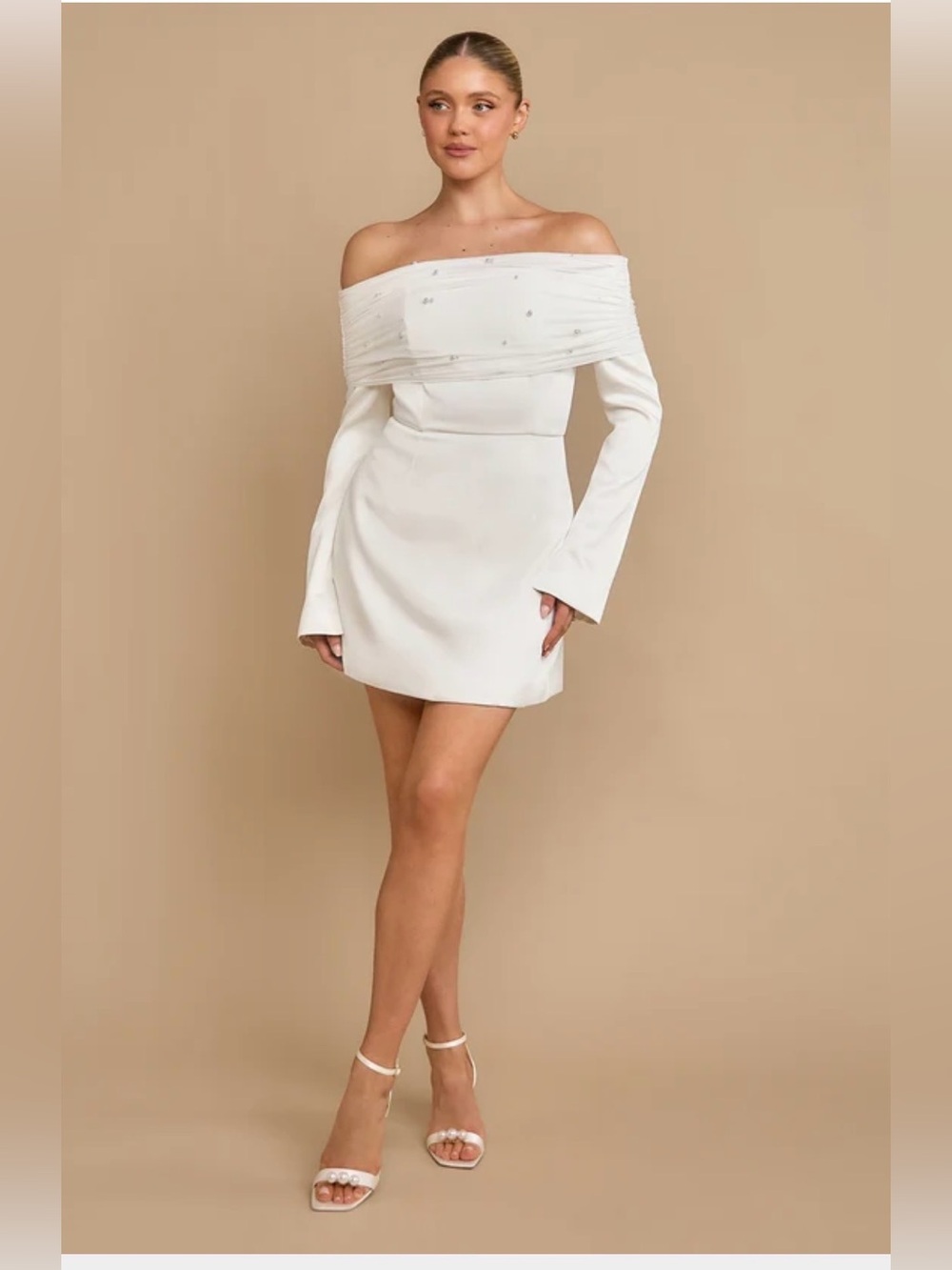 Holly Petite Pearl Trim Bardot Mini Dress - White